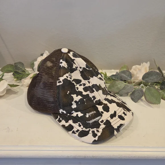 C.C. Womens Distressed Brown Cow Print Trucker Hat Pony Cap - Picture 3 of 9